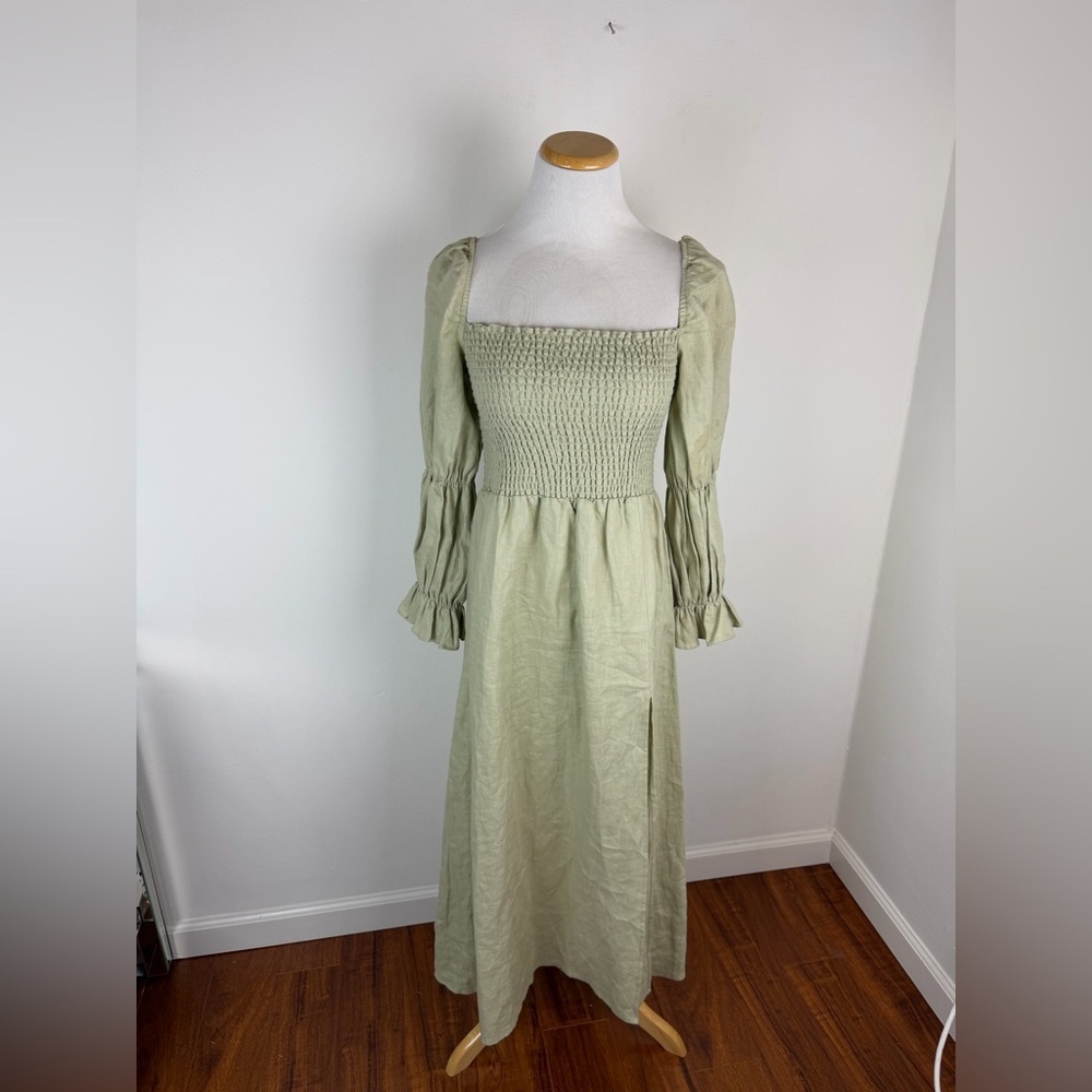 Reformation Hyland Smocked Linen Midi Dress Sage Green Size S View 4